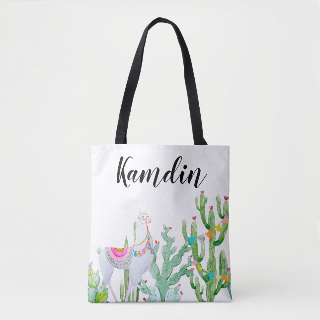 Personalized Tote Bag Boho Llama Bohemian Cacti De (Front)