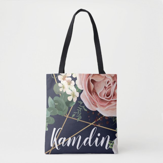 Personalized Tote Bag Geometric Garden Rose Navy (Front)