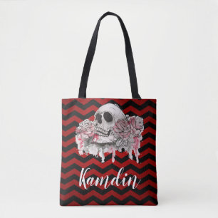 Personalized Tote Bag skull Rose goth Chevron red