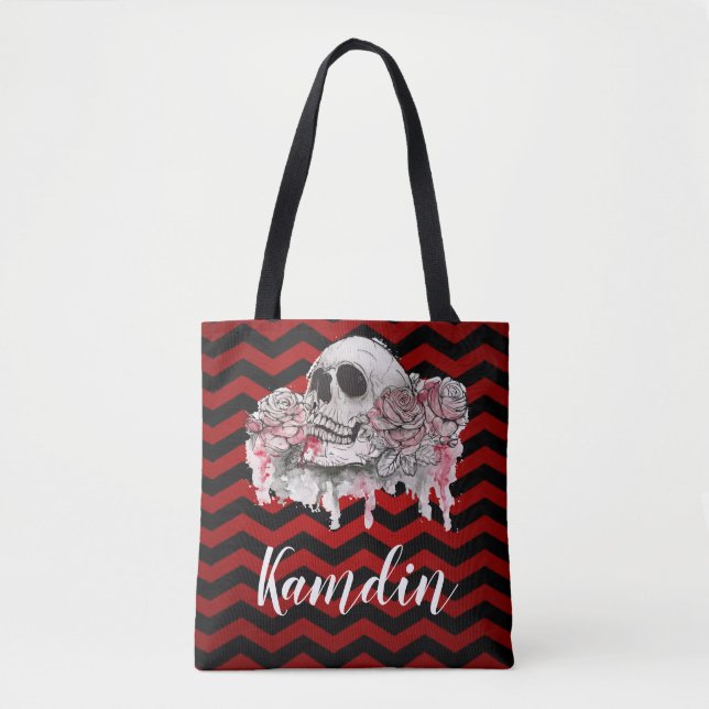 Personalized Tote Bag skull Rose goth Chevron red (Front)