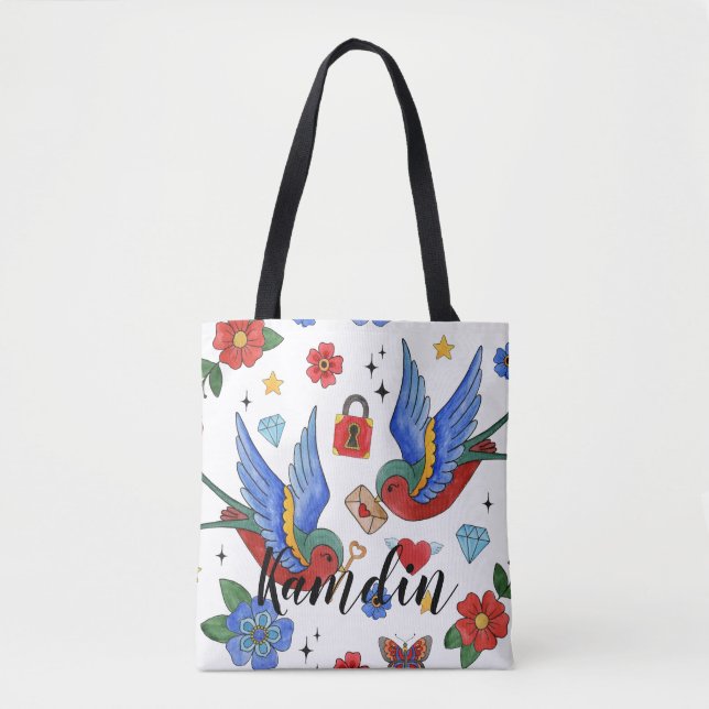 Personalized Tote Bag Traditional Bird Tattoo Spar (Front)