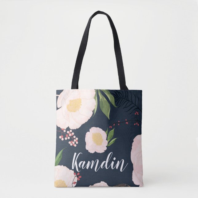 Personalized Tote Bag White Floral Flowers on Dark (Front)