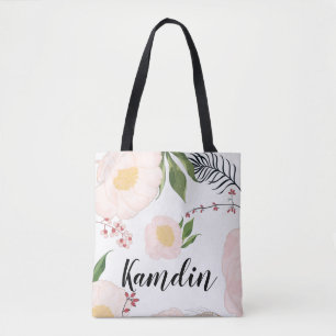 Personalized Tote Bag White Floral Flowers on Whit