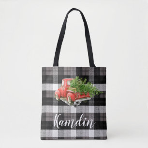 Personalized Tote Bag XMAS Truck Baffalo Plaid Bla