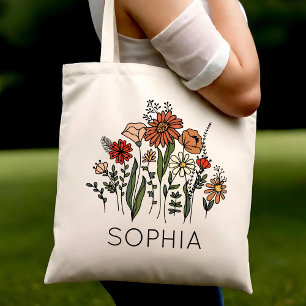Personalized Tote Bags with Name Rustic Wildflower