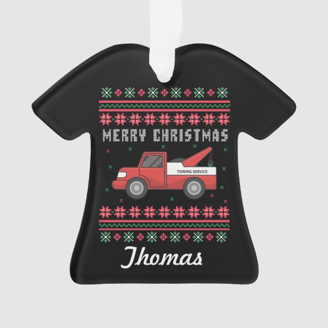 Personalized Tow Truck Ugly Christmas Sweater Ornament (Front)