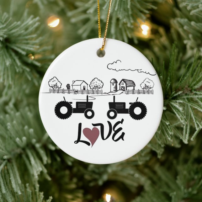 Personalized Tractor Couple Farm LOVE Christmas Ceramic Ornament (Tree)