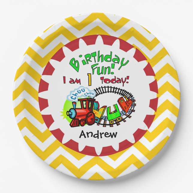 Personalized Train 1st Birthday Paper Plates (Front)