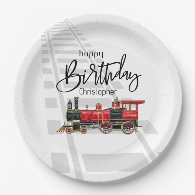 Personalized Train Happy Birthday Paper Plates (Front)