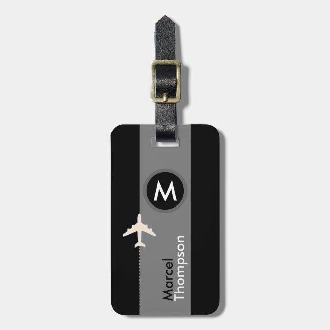 personalized travel . elegant monogram modern blk luggage tag (Front Vertical)