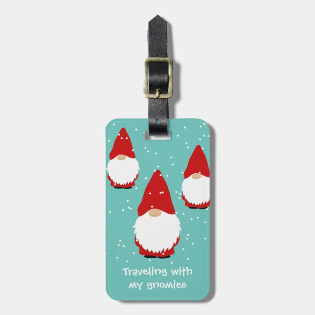 Personalized travel luggage tag with funny gnomes (Front Vertical)