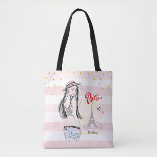 Personalized Travel Paris Pink Stripes Sketch Tote Bag