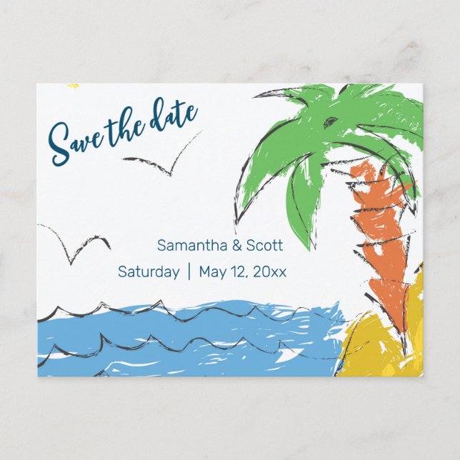 Personalized Treasure beach with palm tree Announcement Postcard (Front)