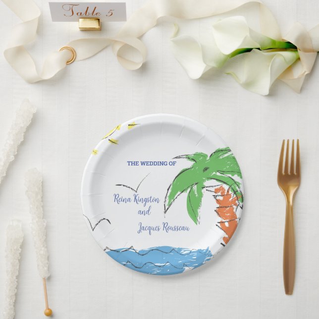 Personalized Treasure beach with palm tree Paper Plate (Wedding)