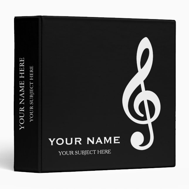 Personalized Treble Clef Musical Note on Black Binder (Front/Spine)