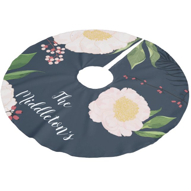 Personalized Tree Skirt Baby Pink Cosmos on Navy (Angled)