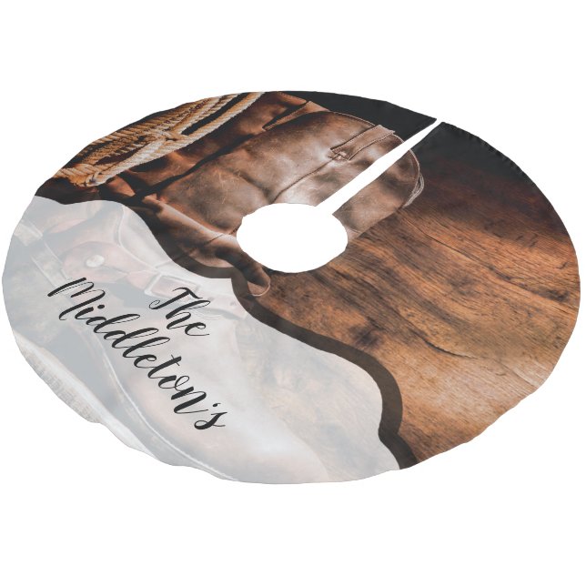 Personalized Tree Skirt Cowboy Boots Barn Wood Rus (Angled)