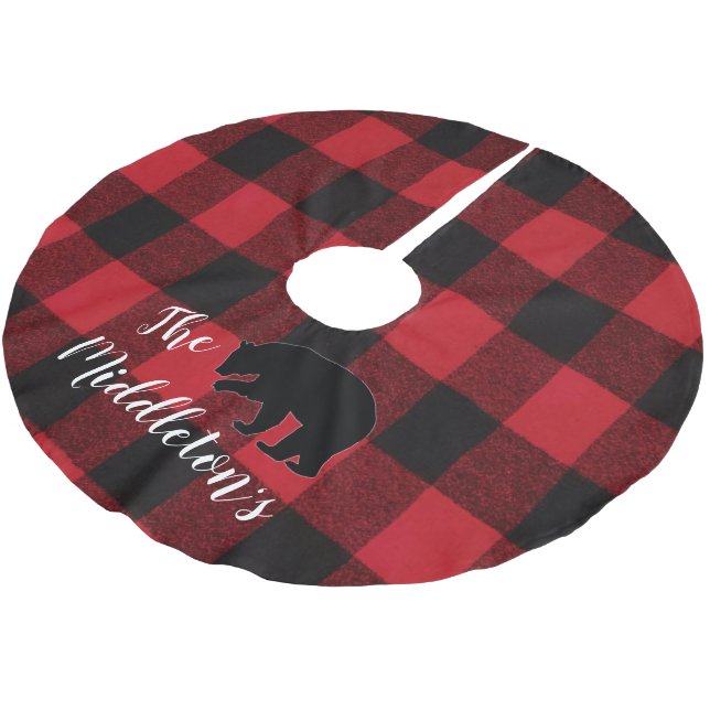 Personalized Tree Skirt Red Buffalo Plaid Bear Bla (Angled)