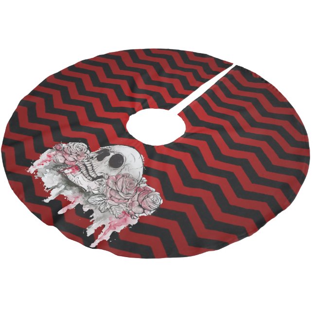 Personalized Tree Skirt skull Rose goth Chevron re (Angled)