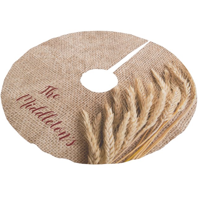 Personalized Tree Skirt Wheat on Burlap Sack Count (Angled)
