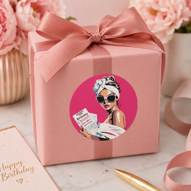 Personalized Trendy Birthday Queen Classic Round Sticker (Creator Uploaded)