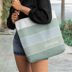 Personalized Trendy Grey Sage Green Stripe Art Tote Bag