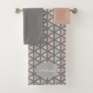 Personalized Trendy Grey & Tan Geometric Pattern Bath Towel Set