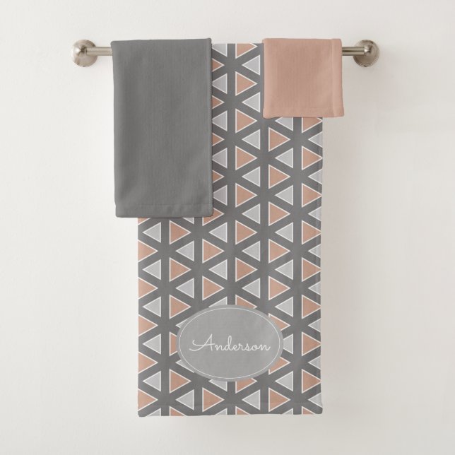 Personalized Trendy Grey & Tan Geometric Pattern Bath Towel Set (Insitu)