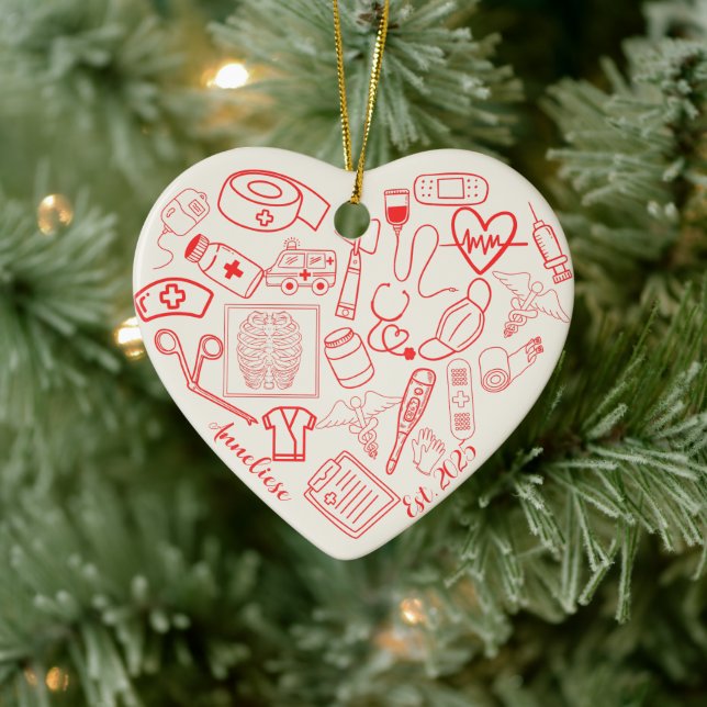  Personalized Trendy Heart Shaped Nurse Doodle Ceramic Ornament (Tree)