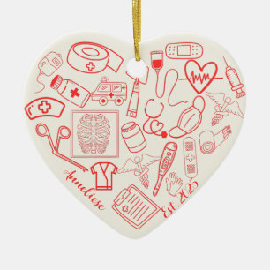  Personalized Trendy Heart Shaped Nurse Doodle Ceramic Ornament