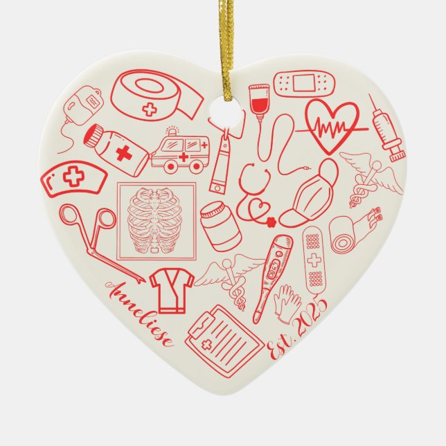  Personalized Trendy Heart Shaped Nurse Doodle Ceramic Ornament (Front)