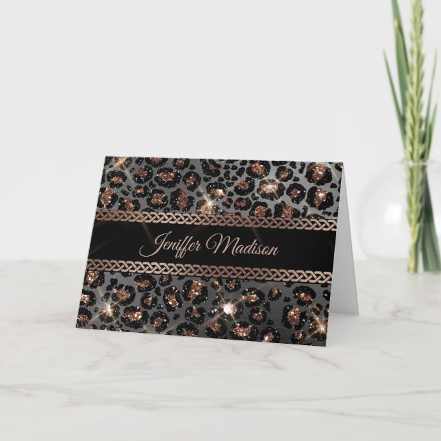 Personalized Trendy Leopard Black Gold Glitter     Card (Front)