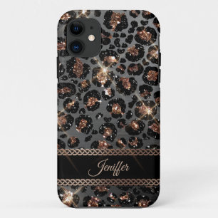 Personalized Trendy Leopard Black Gold Glitter     iPhone 11 Case