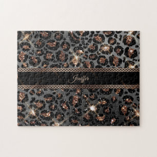 Personalized Trendy Leopard Black Gold Glitter    Jigsaw Puzzle