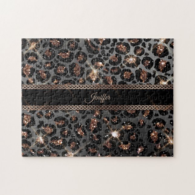 Personalized Trendy Leopard Black Gold Glitter    Jigsaw Puzzle (Horizontal)