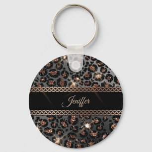 Personalized Trendy Leopard Black Gold Glitter     Keychain