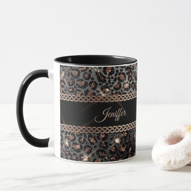 Personalized Trendy Leopard Black Gold Glitter     Mug (With Donut)