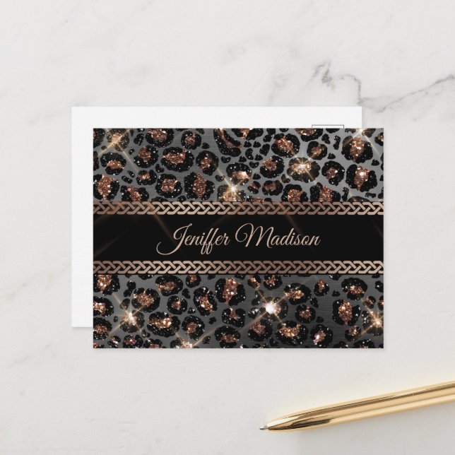 Personalized Trendy Leopard Black Gold Glitter     Postcard (Front/Back In Situ)