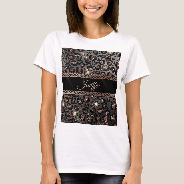 Personalized Trendy Leopard Black Gold Glitter     T-Shirt (Front)