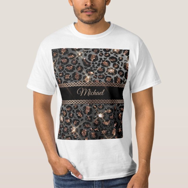 Personalized Trendy Leopard Black Gold Glitter     T-Shirt (Front)