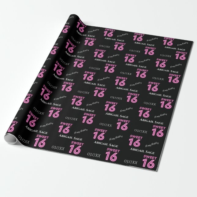 Personalized Trendy Neon Sweet Sixteen Hot Pink Wrapping Paper (Unrolled)