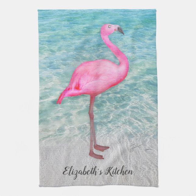 Personalized Trendy Pink Flamingo Tropical Beach Kitchen Towel (Vertical)