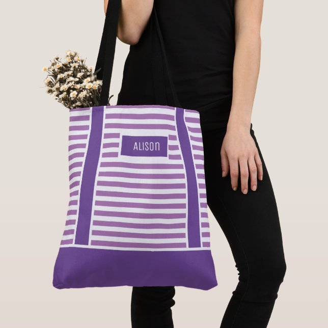 Personalized Trendy Purple And White Stripes  Tote Bag (Close Up)