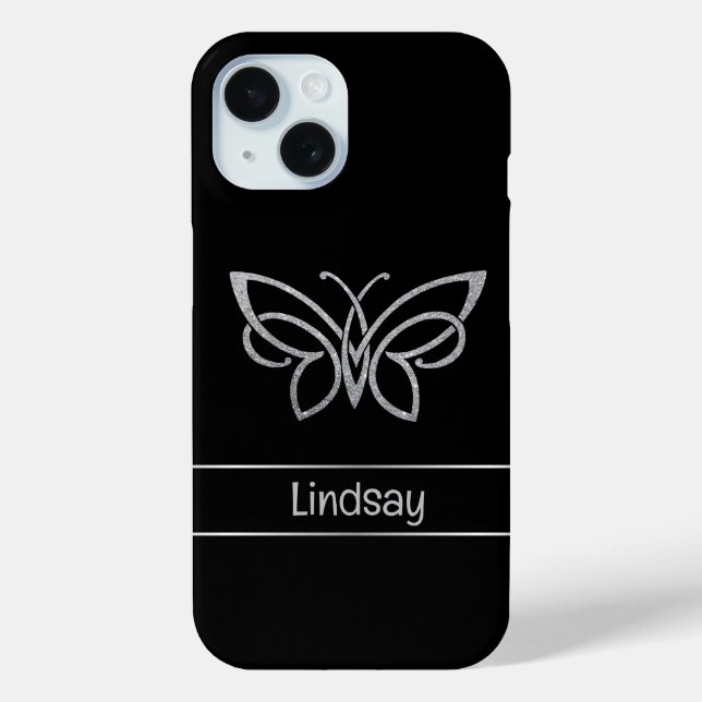 Personalized Tribal Butterfly Silver Glitter Black Case-Mate iPhone Case (Back)