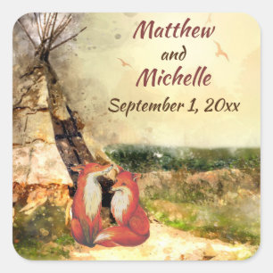 Personalized Tribal Tipi and Foxes Teepee Wedding Square Sticker
