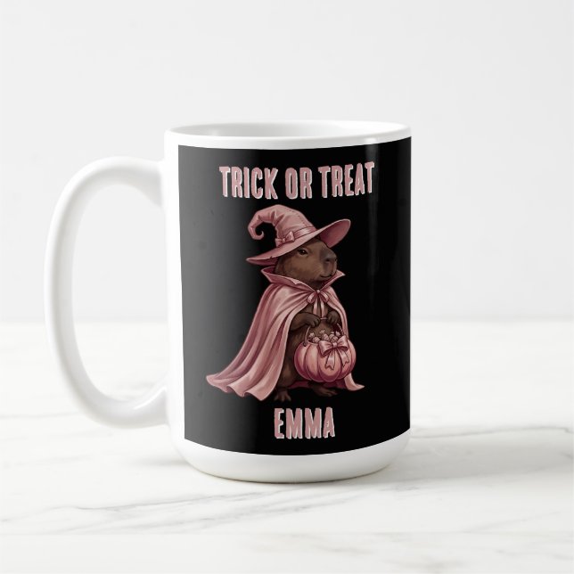 Personalized Trick or Treat Capybara Witch Cape Coffee Mug (Left)