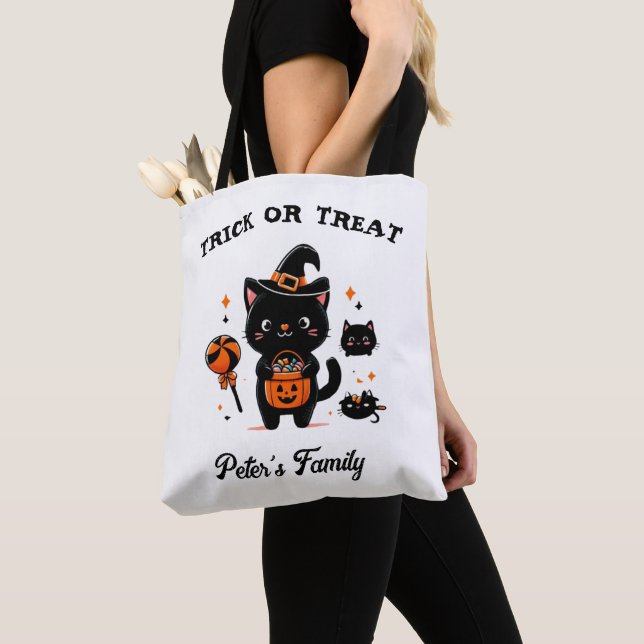 Personalized Trick Or Treat Cute Cat Tote Bag (Close Up)