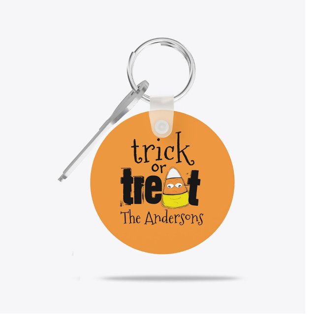 Personalized Trick or Treat Halloween Candy Corn  Keychain (Personalized Trick or Treat Halloween keychain with candy corn and bold orange background.)