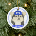 Personalized Tricolor Chihuahua Hanukkah Ceramic Ornament<br><div class="desc">Celebrate your favourite mensch on a bench with personalized ornament! This design features a sweet illustration of a tricolor long haired chihuahua dog with a blue and white yarmulke. For the most thoughtful gifts, pair it with another item from my collection! To see more work and learn about this artist,...</div>