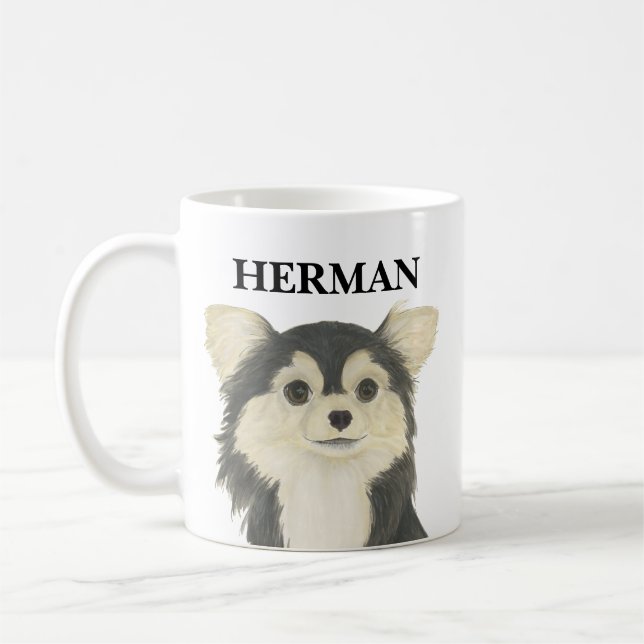 Personalized Tricolor Long Haired Chihuahua Coffee Mug (Left)